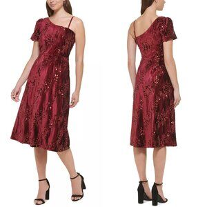 Kensie One-Shoulder Fit & Flare Sequin Velvet Formal Dress Burgundy